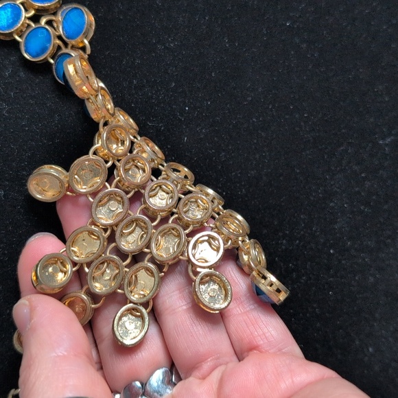 Bold Rich Blue Statement Bib Necklace Gold Tone Multi Stone Layered Choker - Picture 6 of 7